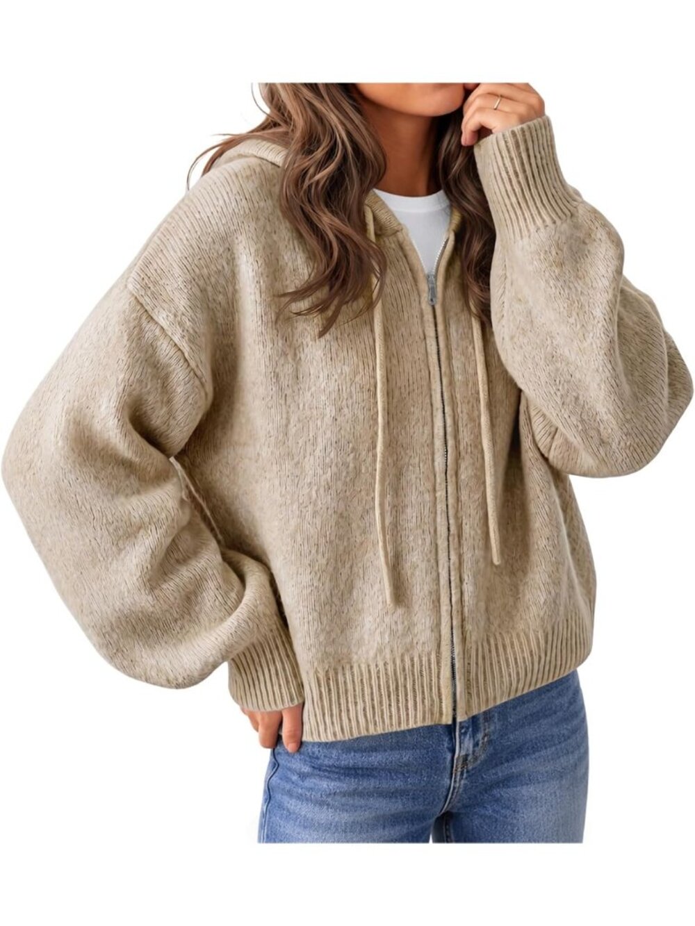 Cozy Long Sleeve Zip-Up Hooded Cardigan Sweater Jacket for Fall Casual Wear
